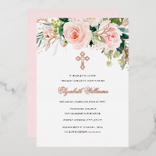 Rose Gold Pink Floral Girl Baptism Foil Invitation