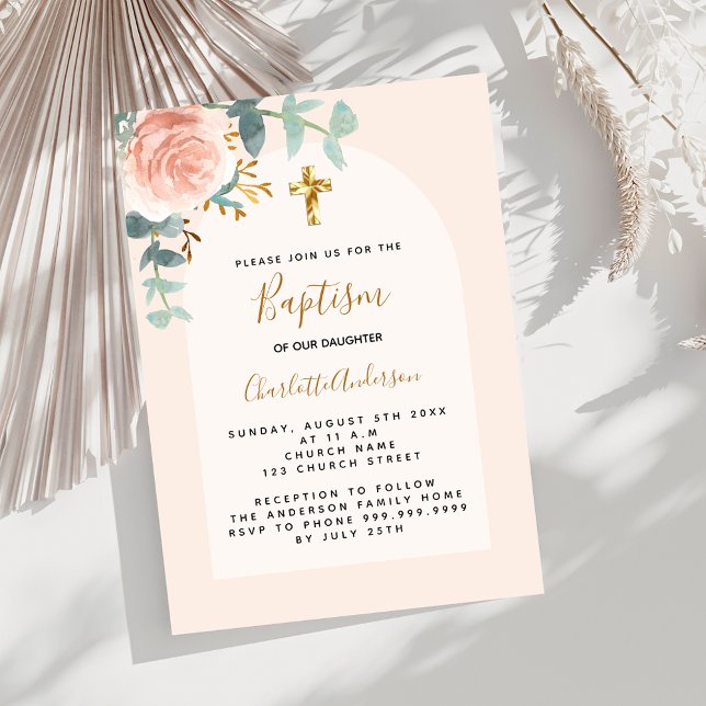 Rose gold pink floral girl cross Baptism Invitation (Creator Uploaded)