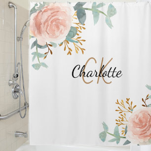 Rose gold pink floral greenery monogram name shower curtain