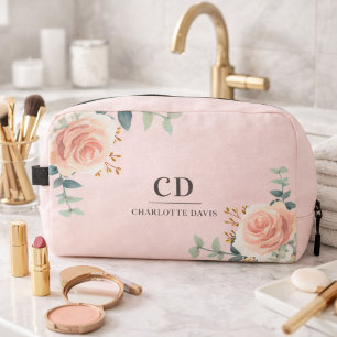 Rose gold pink floral greenery name monogram dopp kit
