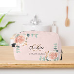 Rose gold pink floral greenery name monogram dopp kit<br><div class="desc">A rose gold,  pink coloured background,  black and golden text. Decorated with watercolored rose gold roses,  eucalyptus greenery and golden sprigs. 
Personalise and add your first name,  monogram initials and full name.</div>