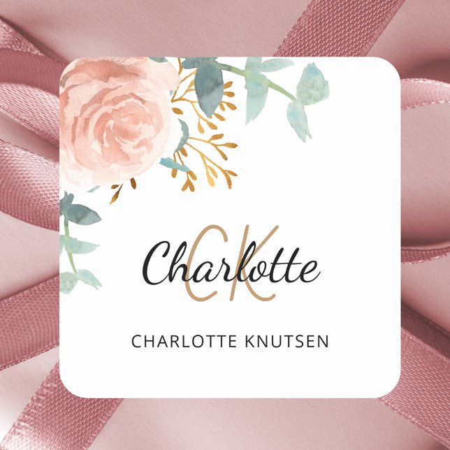 Rose gold pink floral greenery name monogram square sticker (Creator Uploaded)