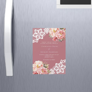 Rose gold pink floral lace luxury wedding magnetic invitation