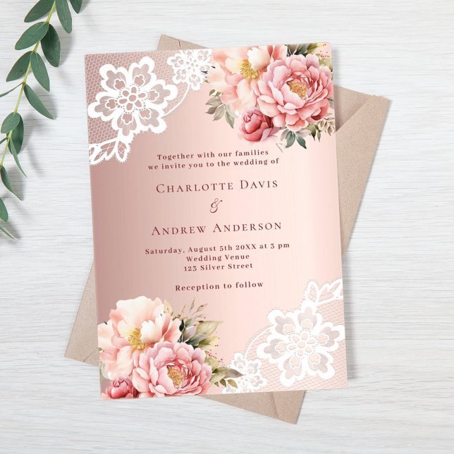 Rose gold pink floral lace wedding acrylic invitations (Creator Uploaded)