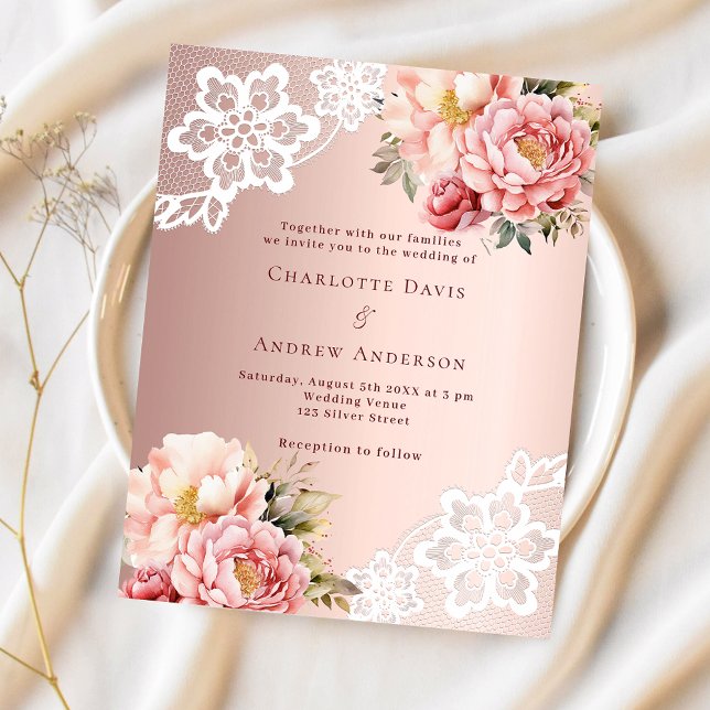 Rose gold pink floral lace wedding invitation (Creator Uploaded)