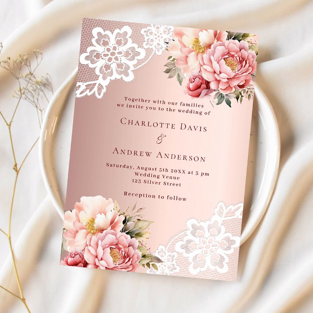 Rose gold pink floral lace wedding invitation (Creator Uploaded)