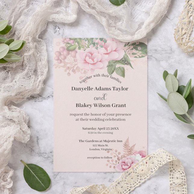 Rose Gold Pink Floral Modern Fonts Photo Wedding Invitation (Creator Uploaded)