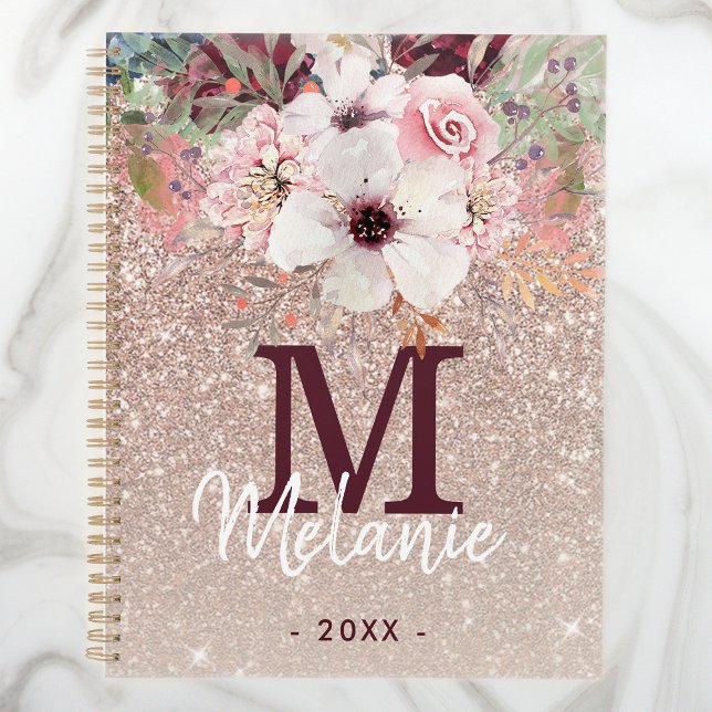 Rose Gold Pink Floral Monogram Glitter 2025 Planner (Creator Uploaded)