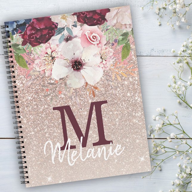 Rose Gold Pink Floral Monogram Glitter Notebook (Creator Uploaded)