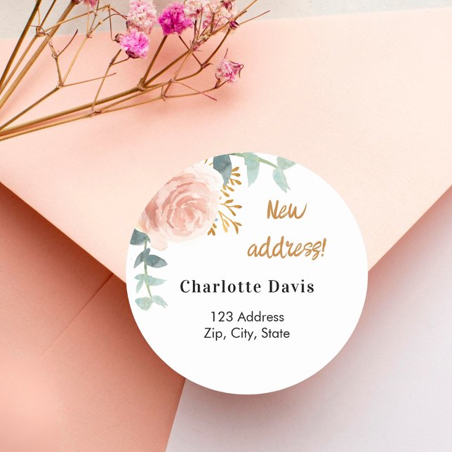 Rose gold pink floral moved new address classic round sticker (Creator Uploaded)
