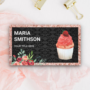 Rose Gold Pink Floral Strawberry Cupcake Bakery Business Card