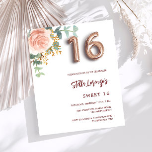 Rose gold pink floral Sweet 16 budget invitation