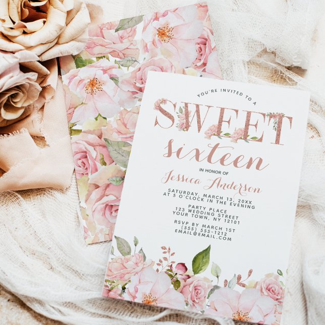 Rose Gold Pink Floral Sweet Sixteen Invitation (Creator Uploaded)