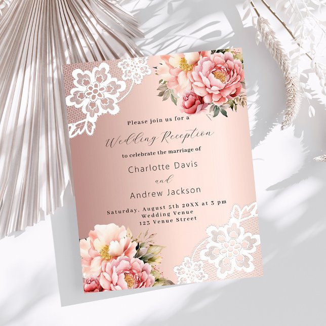 Rose gold pink floral wedding reception invitation (Creator Uploaded)