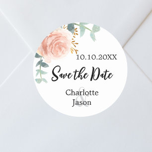 Rose gold pink floral wedding save the date classic round sticker