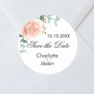 Rose gold pink floral wedding save the date classic round sticker