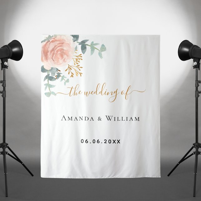 Rose gold pink floral wedding welcome tapestry (Creator Uploaded)