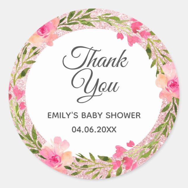 Rose Gold Pink Floral Wreath Thank You Baby Shower Classic Round Sticker (Front)