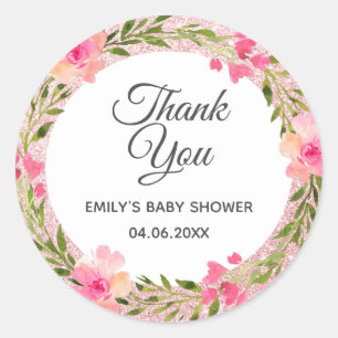 Rose Gold Pink Floral Wreath Thank You Baby Shower Classic Round Sticker