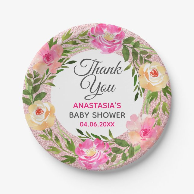 Rose Gold Pink Floral Wreath Thank You Baby Shower Paper Plate (Front)