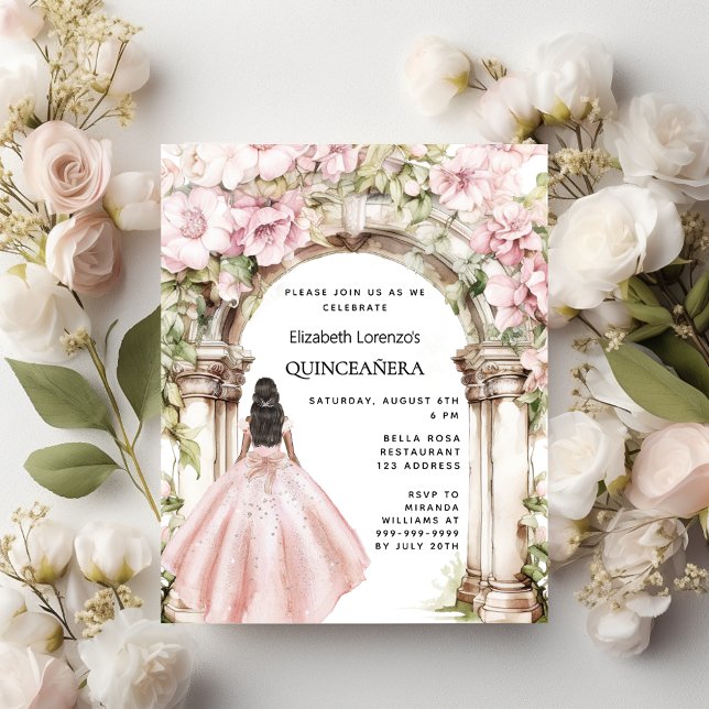 Rose gold pink florals arch Quinceanera invitation (Creator Uploaded)