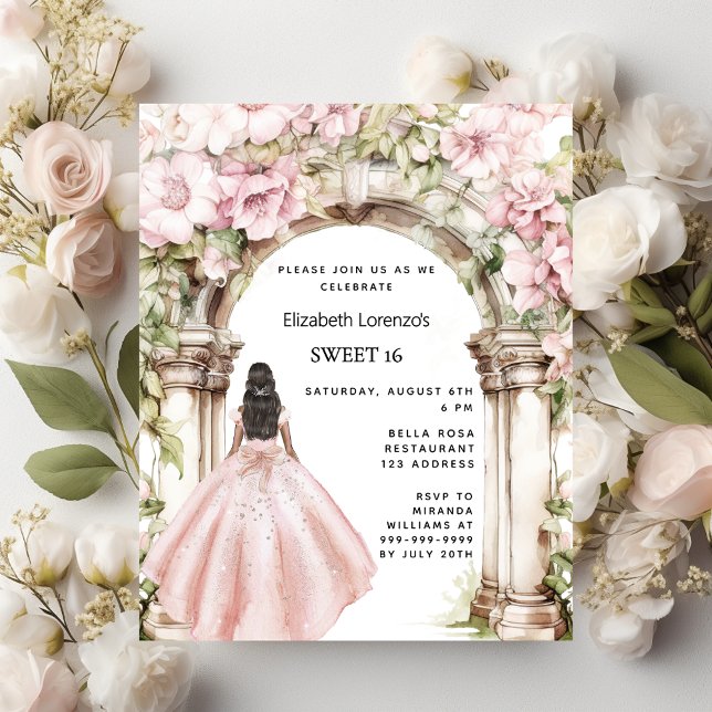 Rose gold pink florals arch Sweet 16 invitation (Creator Uploaded)