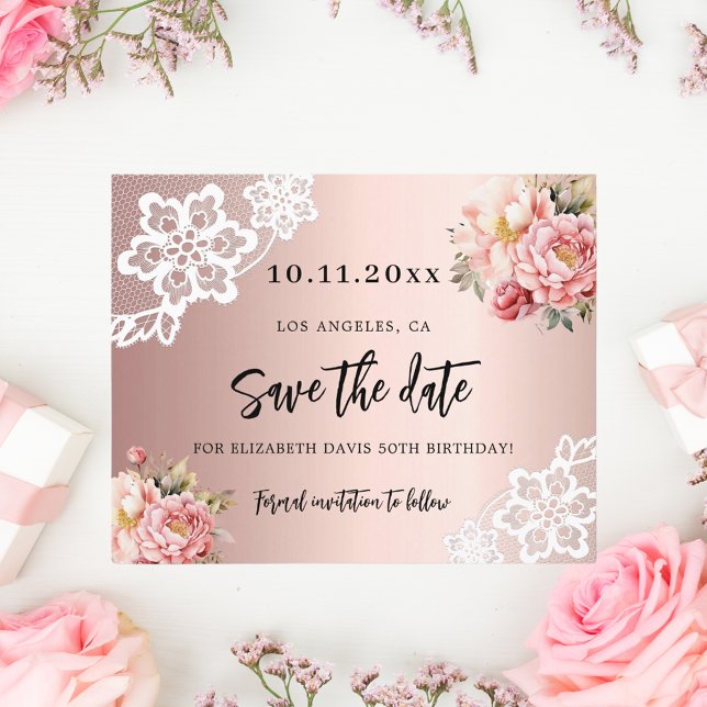 Rose gold pink florals birthday Save the Date card (Creator Uploaded)