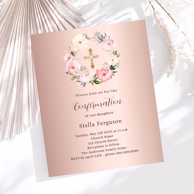 Rose gold pink florals Confirmation invitation (Creator Uploaded)