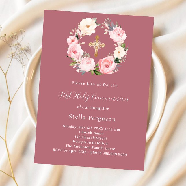 Rose gold pink florals cross girl First Communion Invitation (Creator Uploaded)