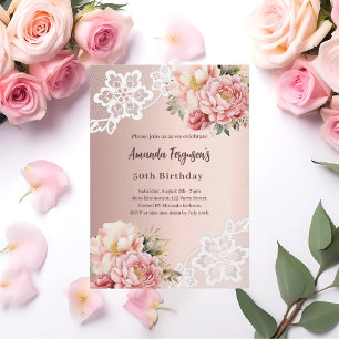 Rose gold pink florals lace 50th birthday luxury invitation