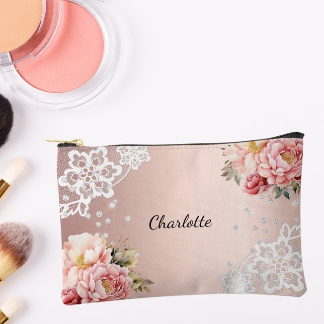 Rose gold pink florals lace accessory pouch (Creator Uploaded)