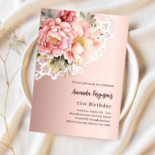 Rose gold pink florals lace birthday invitation