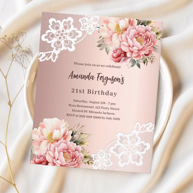 Rose gold pink florals lace birthday invitation (Creator Uploaded)
