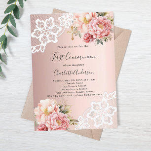 Rose gold pink florals lace girl First Communion Invitation