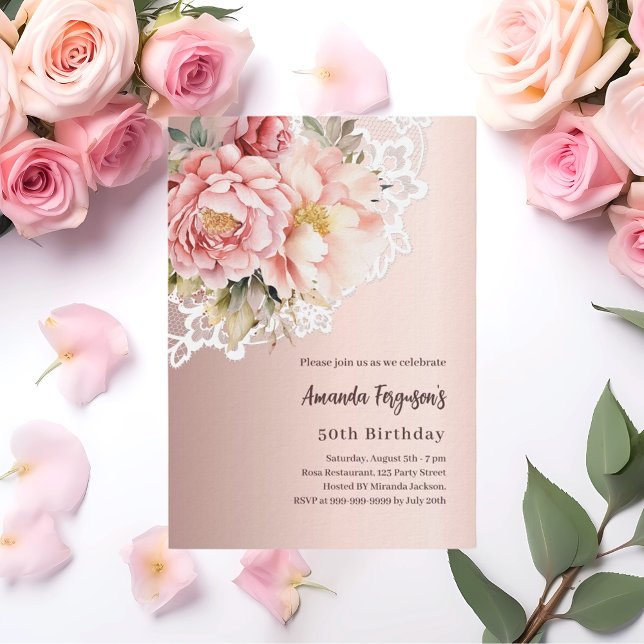 Rose gold pink florals lace luxury 50th birthday invitation (Creator Uploaded)