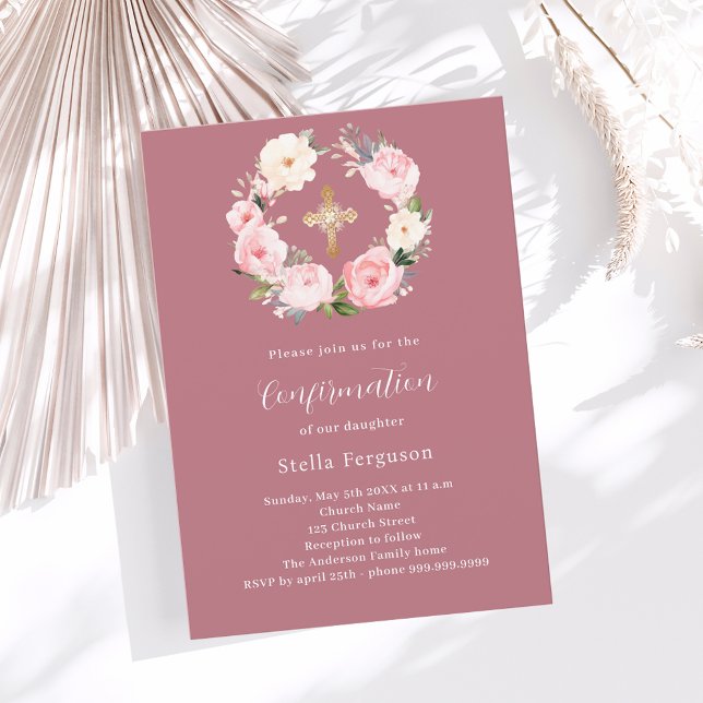 Rose gold pink florals wreath cross Confirmation Invitation (Creator Uploaded)