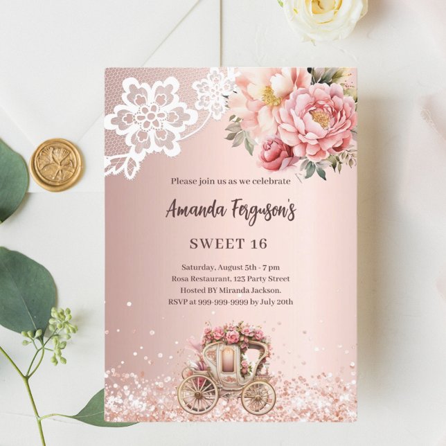 Rose gold pink flowers carriage Sweet 16 Invitation (Creator Uploaded)
