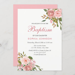 Rose Gold & Pink Flowers Girls Baptism Invite