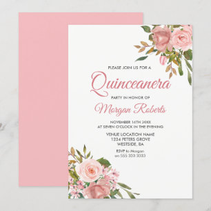 Rose Gold & Pink Flowers Quinceanera Party Invite