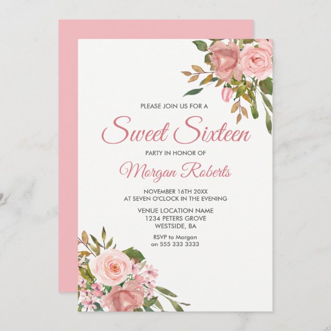 Rose Gold & Pink Flowers Sweet 16 Party Invite (Front/Back)