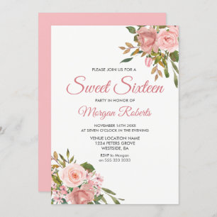 Rose Gold & Pink Flowers Sweet 16 Party Invite