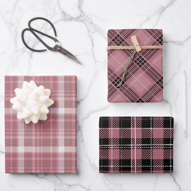 Rose Gold Pink Fun Plaid Patterns Wrapping Paper Sheet (Front)