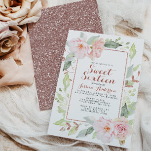 Rose Gold Pink Geometric Glitter Sweet Sixteen Inv Invitation