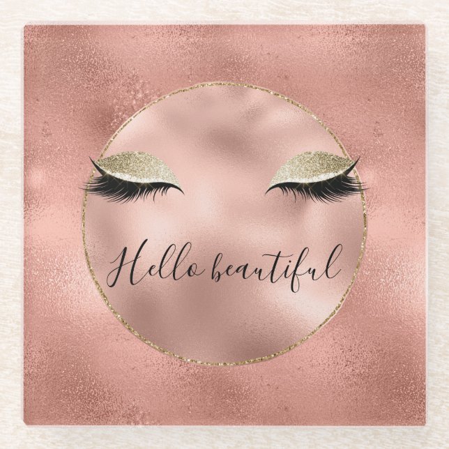 Rose Gold Pink Glam Glitzy Black Eyelashes Glass Coaster (Front)