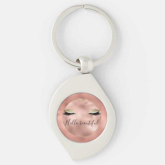 Rose Gold Pink Glam Glitzy Black Eyelashes Key Ring (Front)