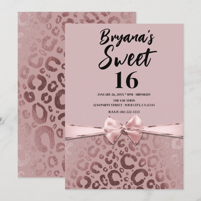 Rose Gold Pink Glam Leopard Print Sweet 16 Invitation (Front/Back)