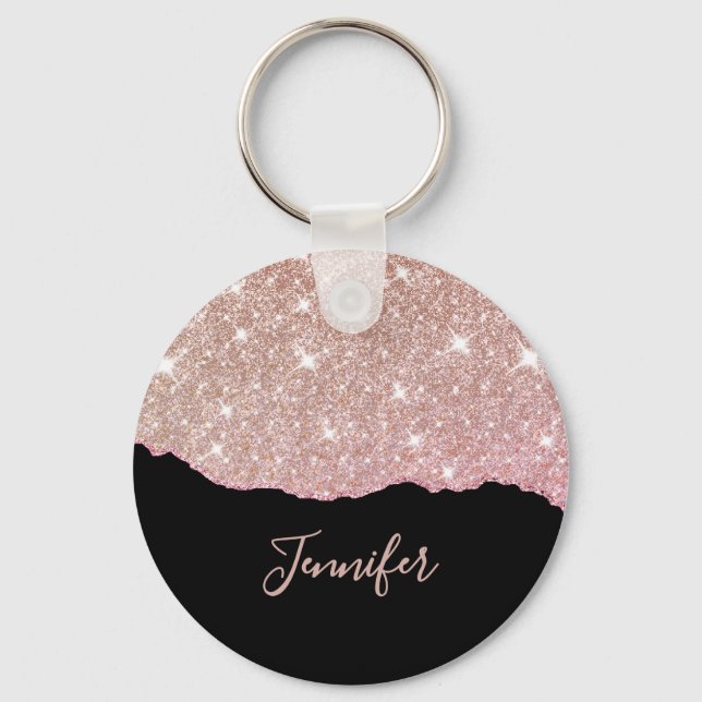 Rose Gold Pink Glitter Agate Custom Name Monogram Key Ring (Front)