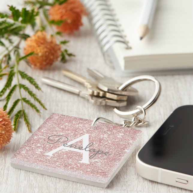 Rose Gold  Pink Glitter and Monogram Key Ring (Front Right)