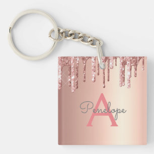 Rose Gold  Pink Glitter and Sparkle Monogram Key Ring