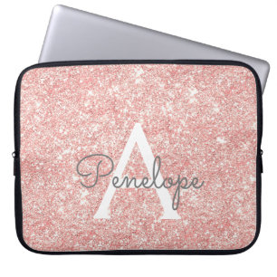 Rose Gold  Pink Glitter and Sparkle Monogram Laptop Sleeve